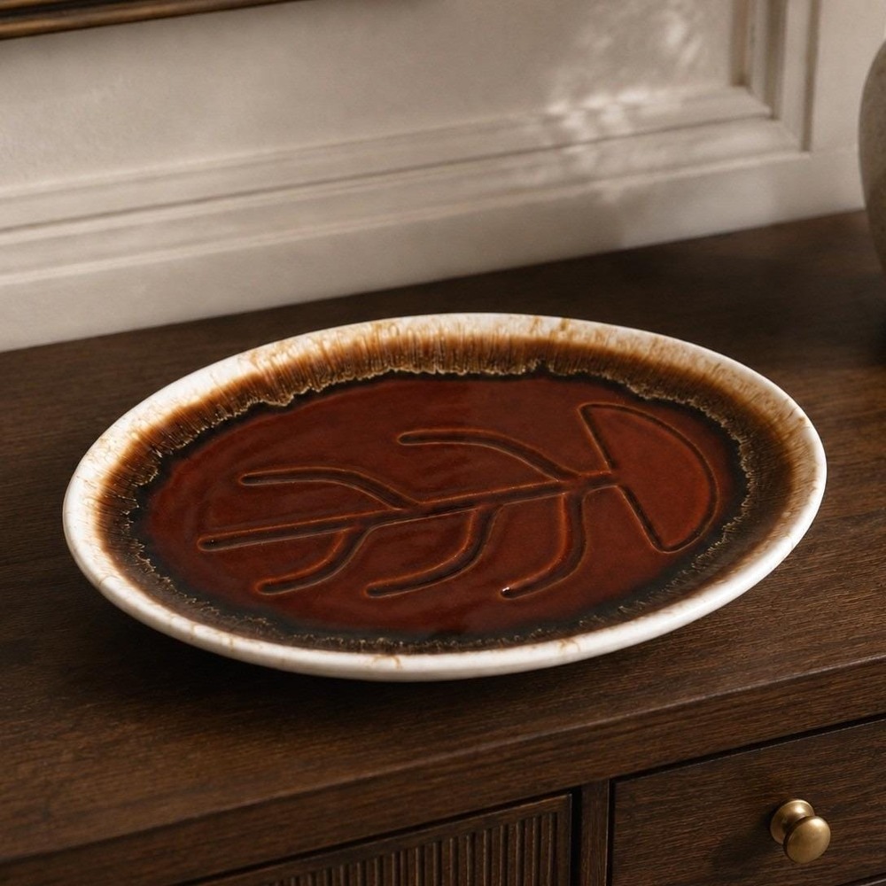 Vintage McCoy Brown Drip Leaf Platter - Oval Stoneware Serving Dish - MCM